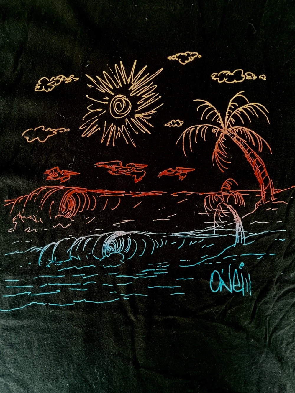 O’Neill Black Tropical Wave Multi-color Graphic T-Shirt XL Surf Beach Tee - Picture 3 of 10